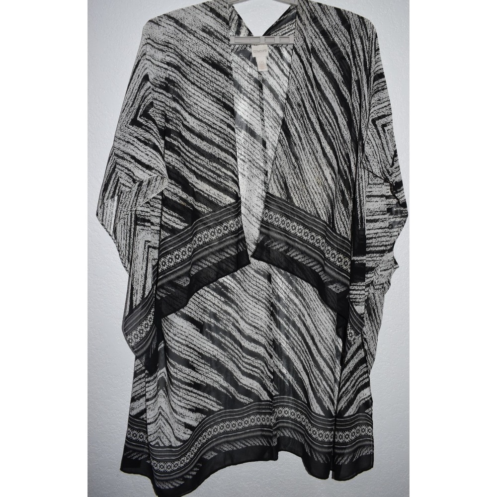 Chicos Black/White Kimono Open Front ONE SIZE Sheer Print‎ Beach Coastal Wrap